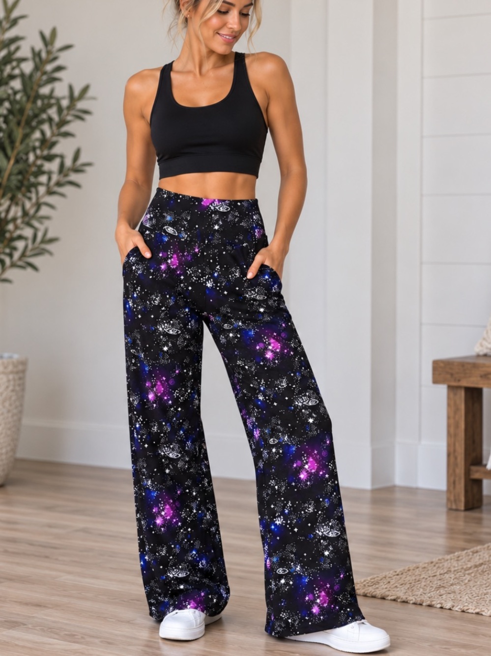 Galaxy Print Yoga Pants Size M Stretchy Wide Leg Pants with Pockets